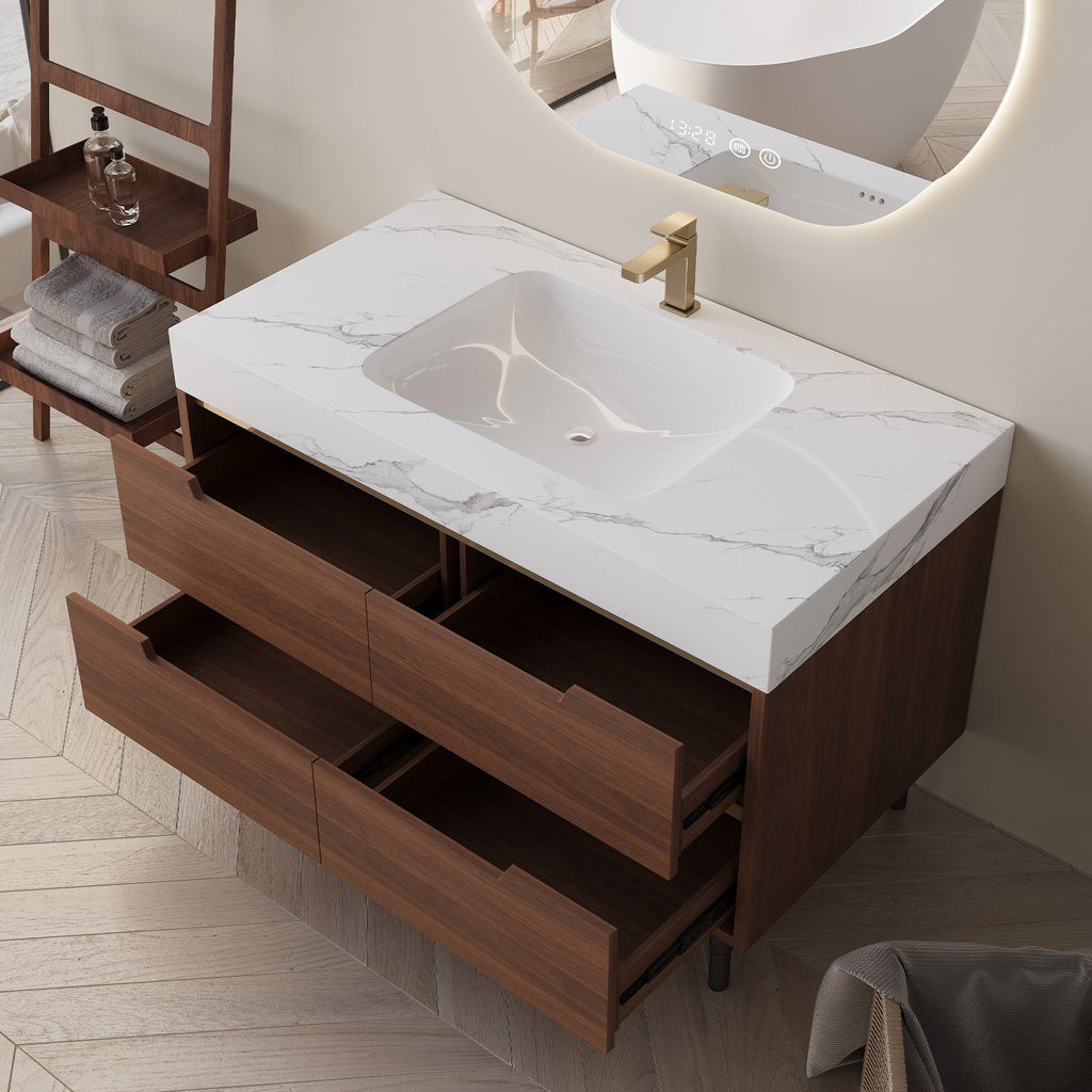 Farmhouse Sintered Stone Bathroom Vanity with Undermount Sink - Walnut, White
