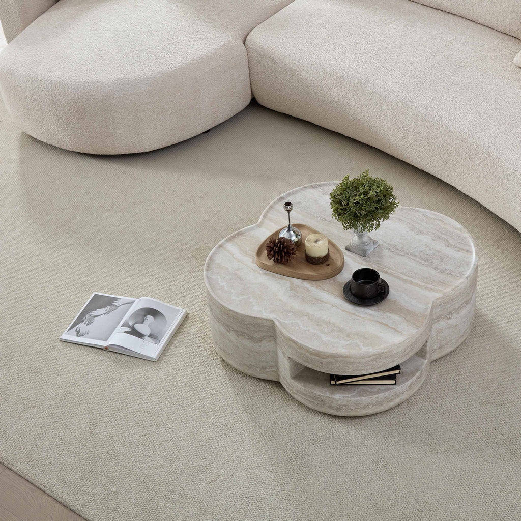 Marble Clover Round Coffee Table with Open Storage