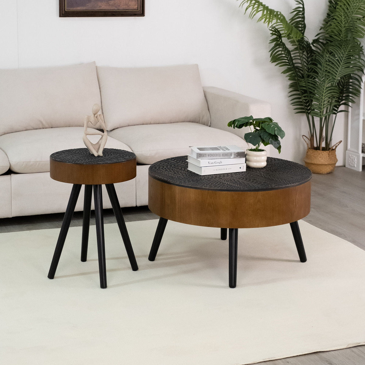 Round Coffee Table with Storage Function - Carved Wood Top - Dark Brown or Black