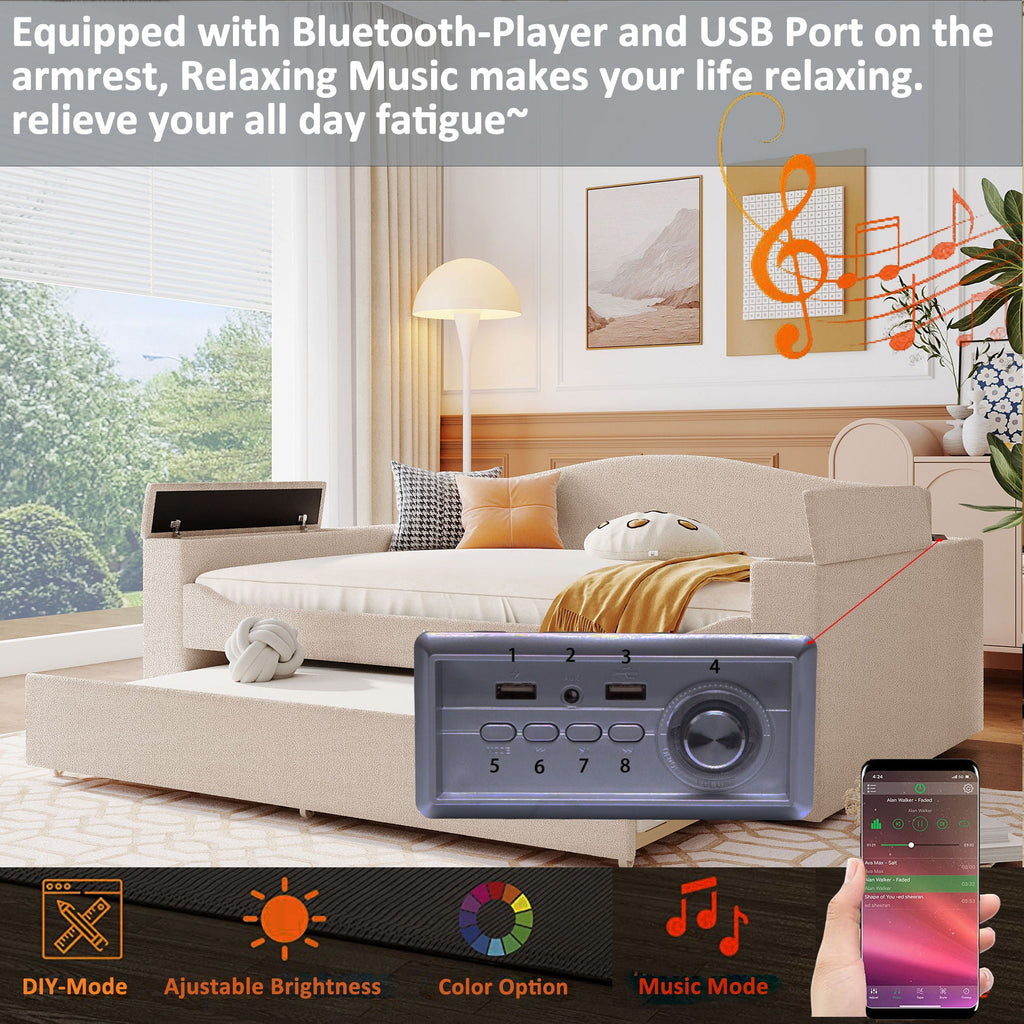 Upholstered Daybed With Storage Armrests, Trundle And Latest Integrated tooth Audio System