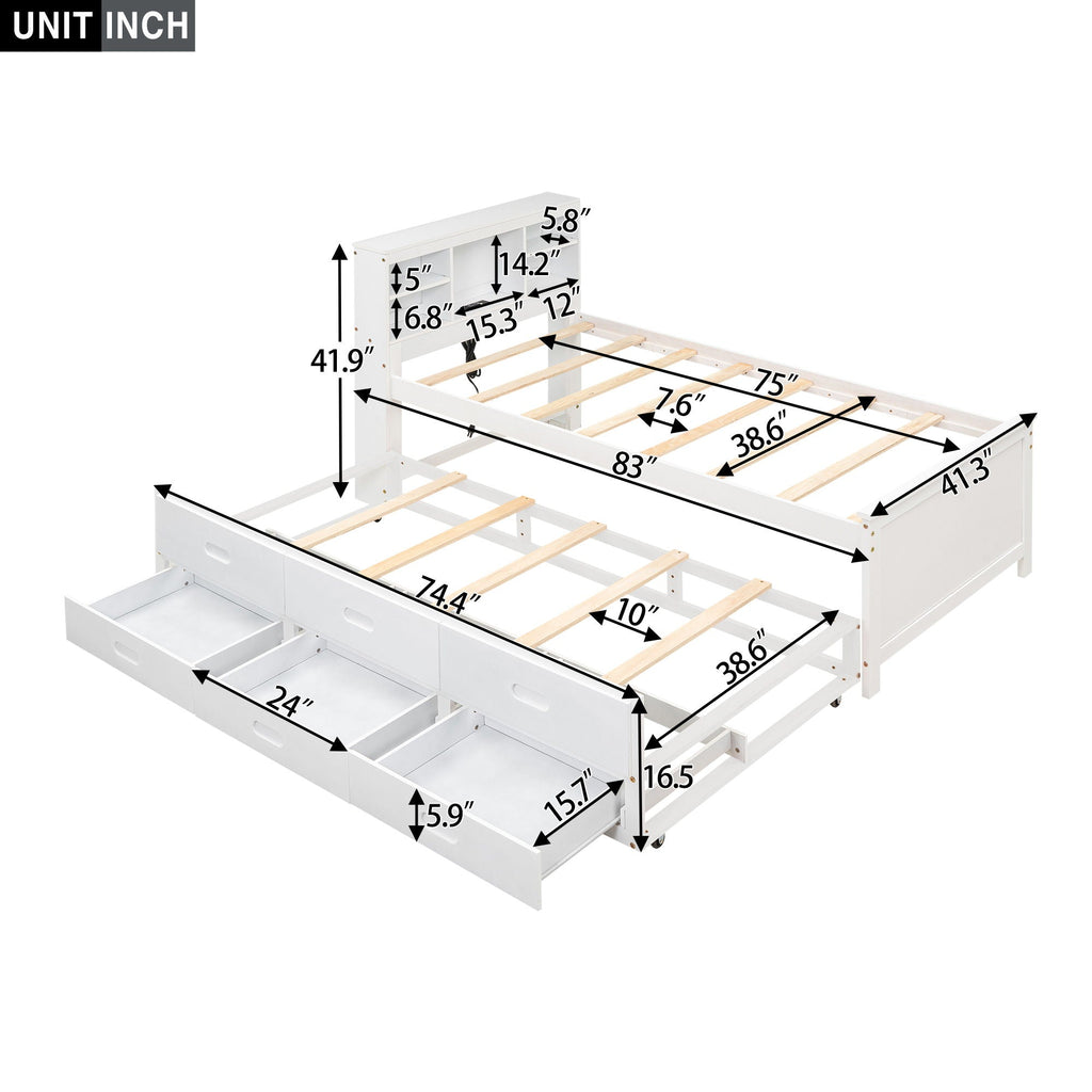 Platform Bed with Storage Headboard, USB, Trundle & 3 Drawers - Twin or Full