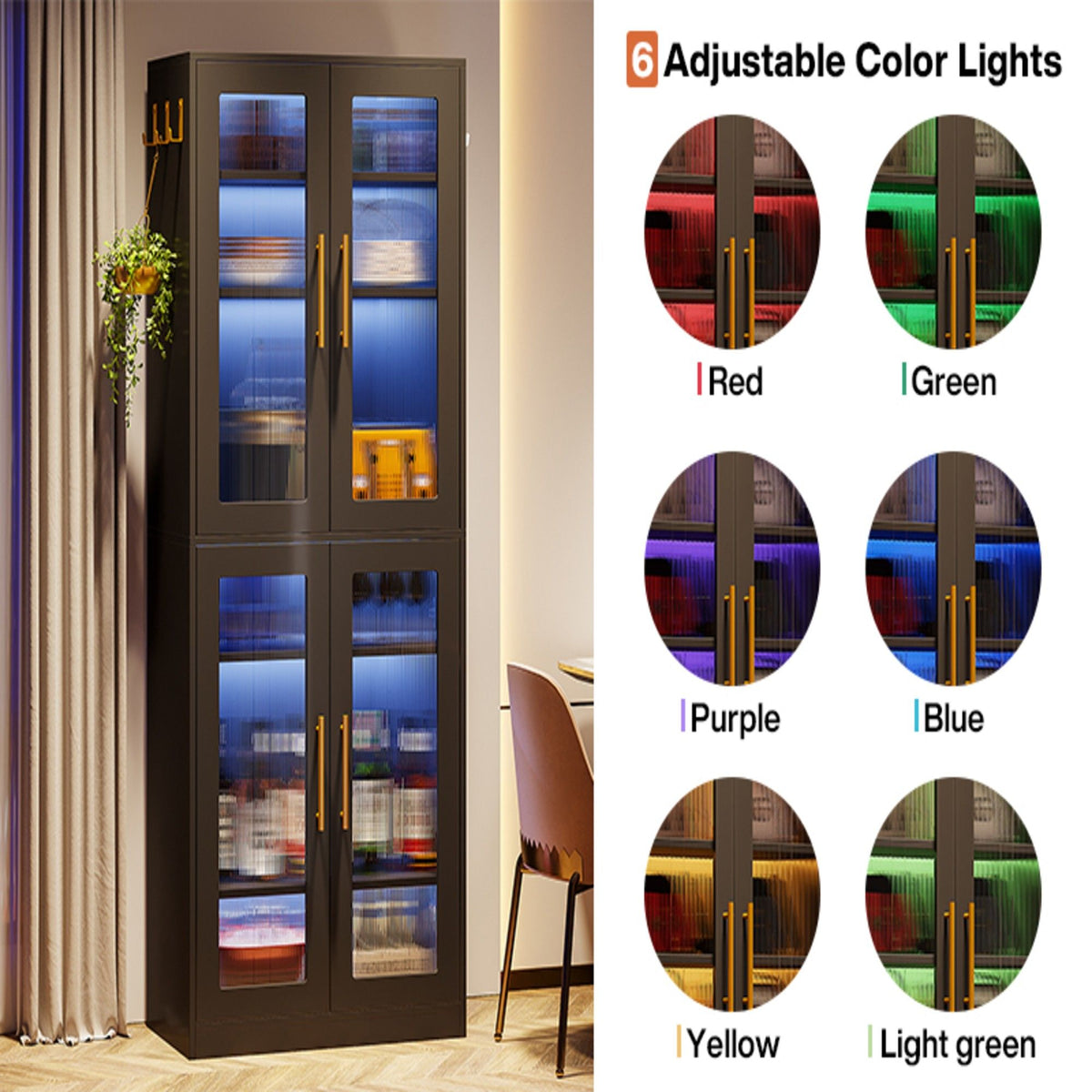Bookcase With Doors and LED Lighting with Adjustable Shelves - Black, Gray, White