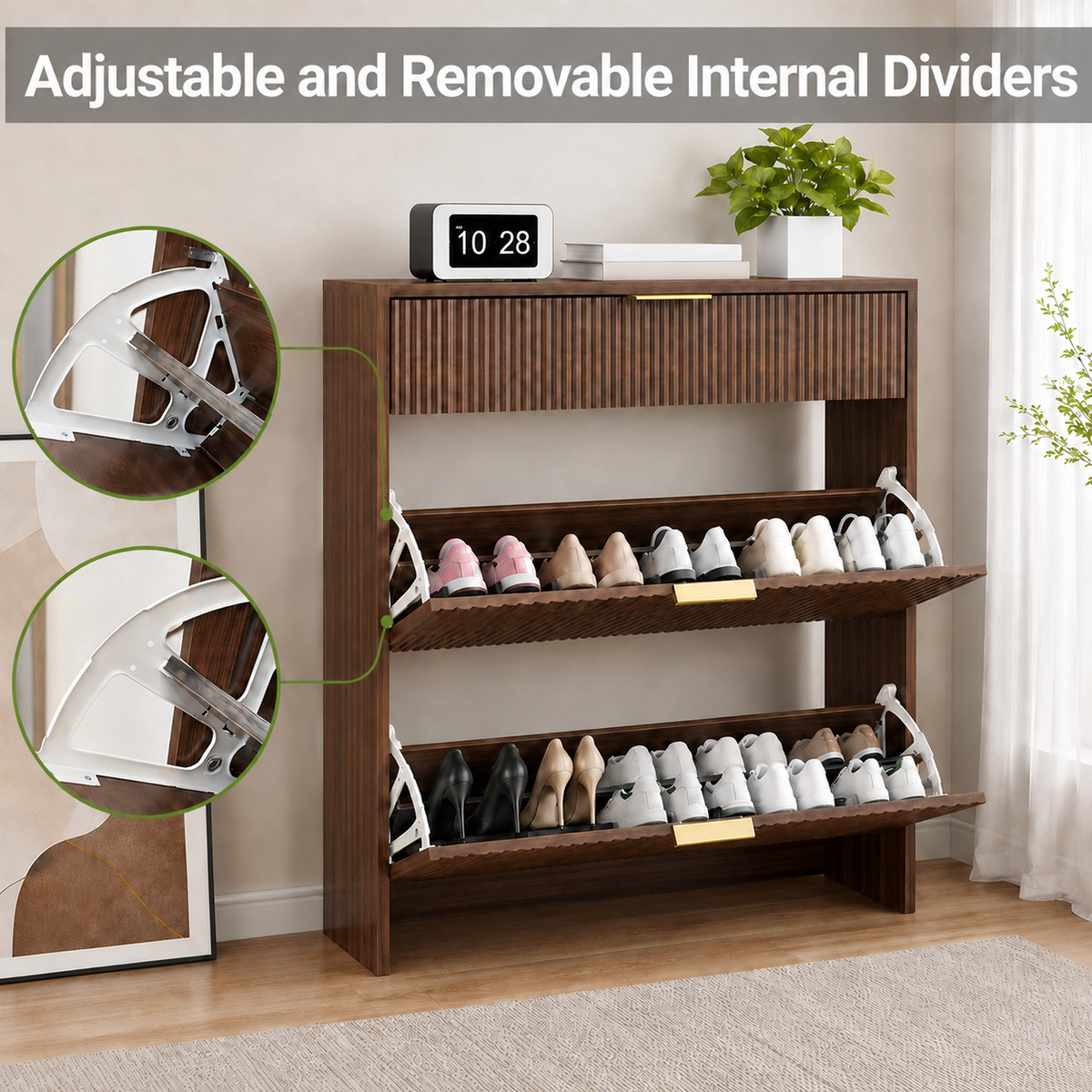 Narrow Fluted Shoe Storage Cabinet with Fluted Detailing - MDF