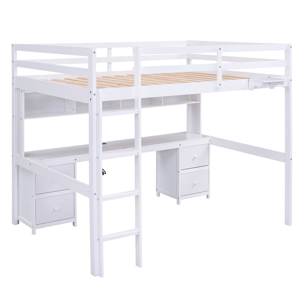 Loft Bed With Desk, Cabinets, Drawers, Charging Station And Bedside Tray
