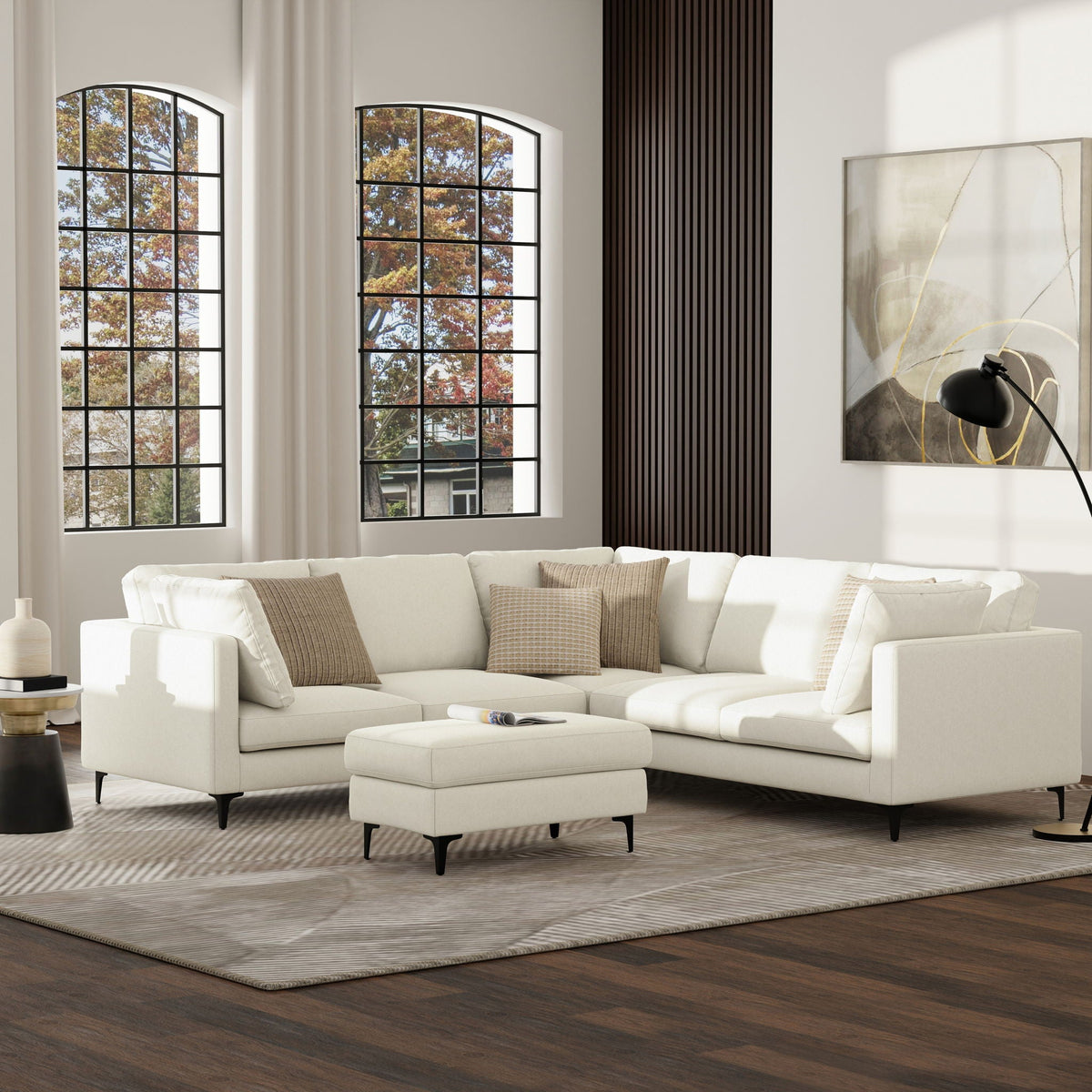 Mid Century Corner Sectional Sofa with Feather Cushions - Beige or Dark Gray