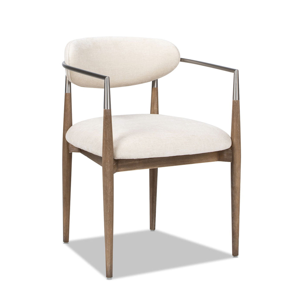 Artemis Mixed Material Upholstered Dining Arm Chair with Brushed Nickel Arms - Warm White