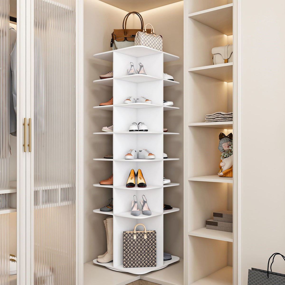 7 Tier Square Rotating Shoe Rack Tower With 360° Spinning Organizer - White