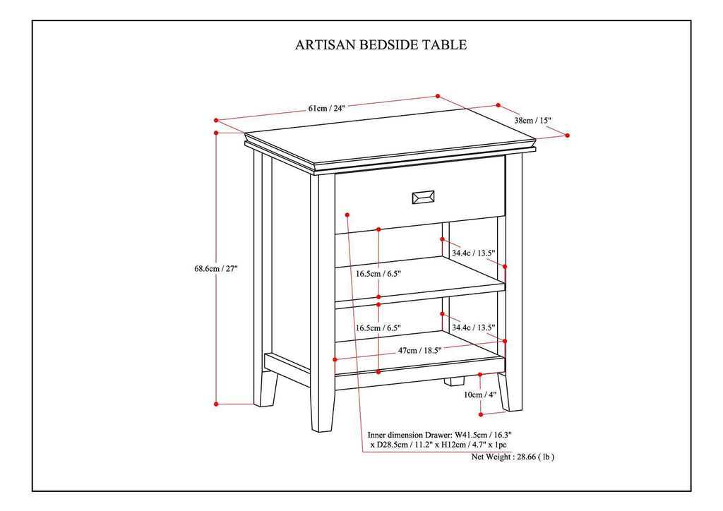 Handcrafted Bedside Table with Drawer and Shelf - Multiple Colors