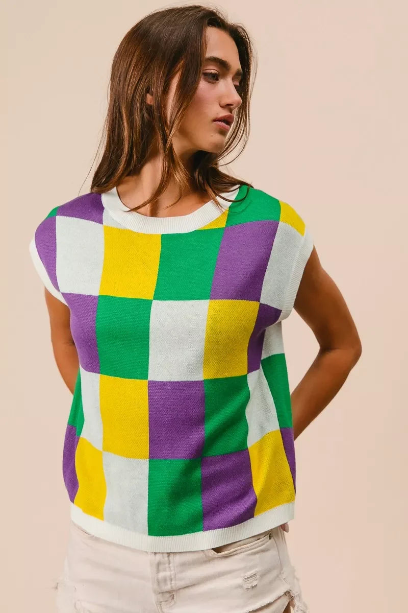 BiBi Mardi Gras Checker Pattern Sleeveless Sweater Top