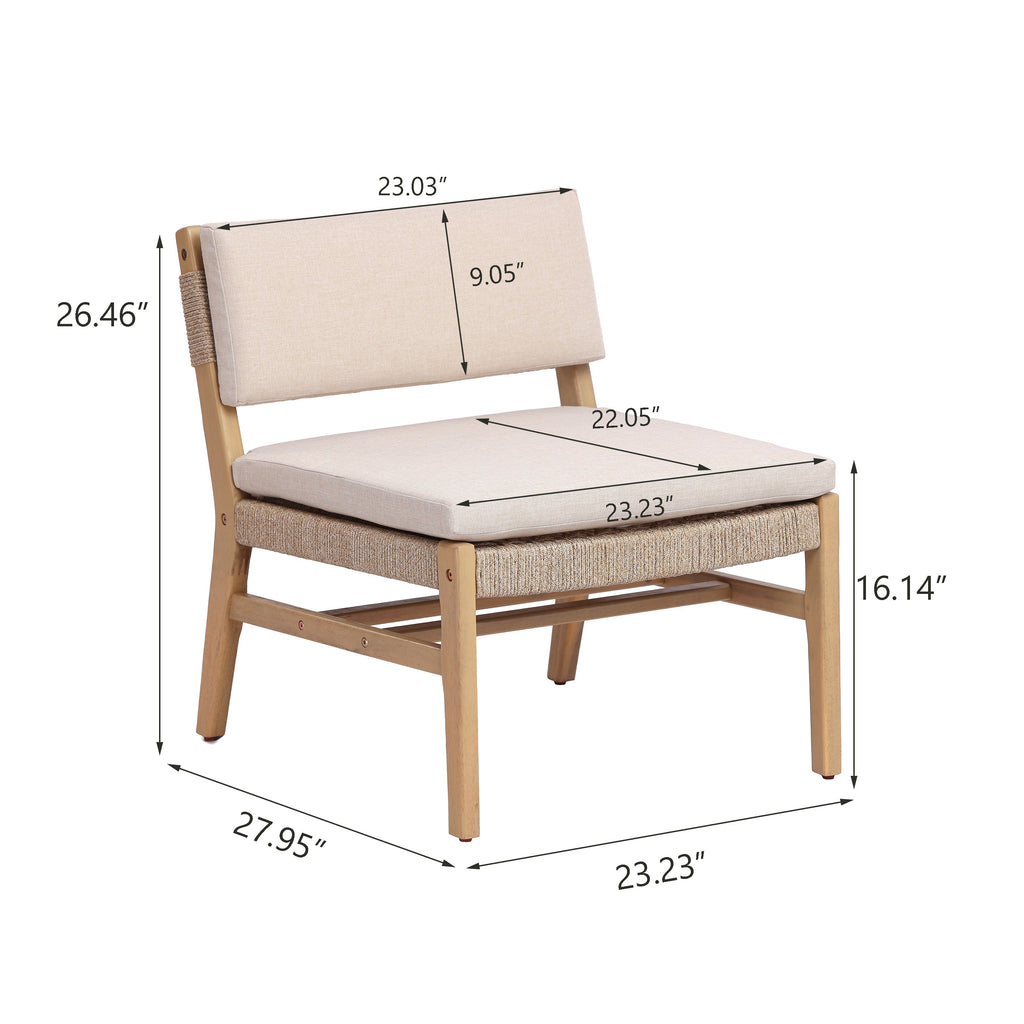 Acacia and Rope Lounge Chair with Water-Repellent Cushions - Beige