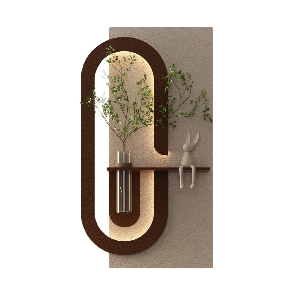 Adjustable LED Sandstone Wall Decor with 3D Art, Glass Vase & Rabbit Statue - Light Coffee