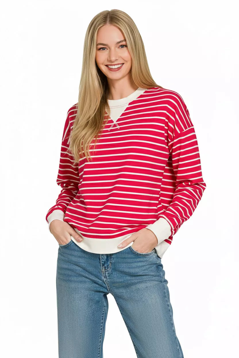 Zenana Contrast Striped Round Neck Sweatshirt