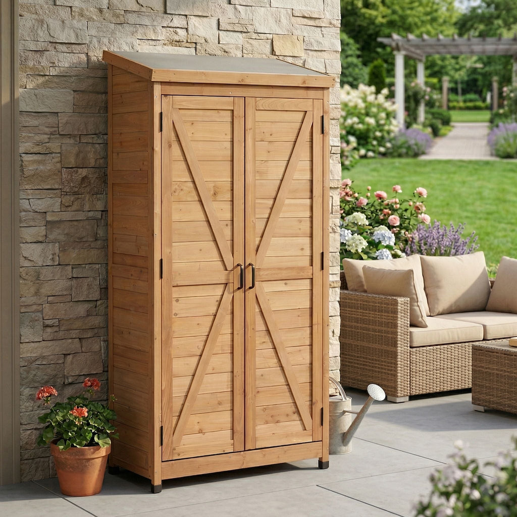 Outdoor Storage Shed with Vertical Tool Cabinet - Solid Wood, Dark Gray or Light Brown