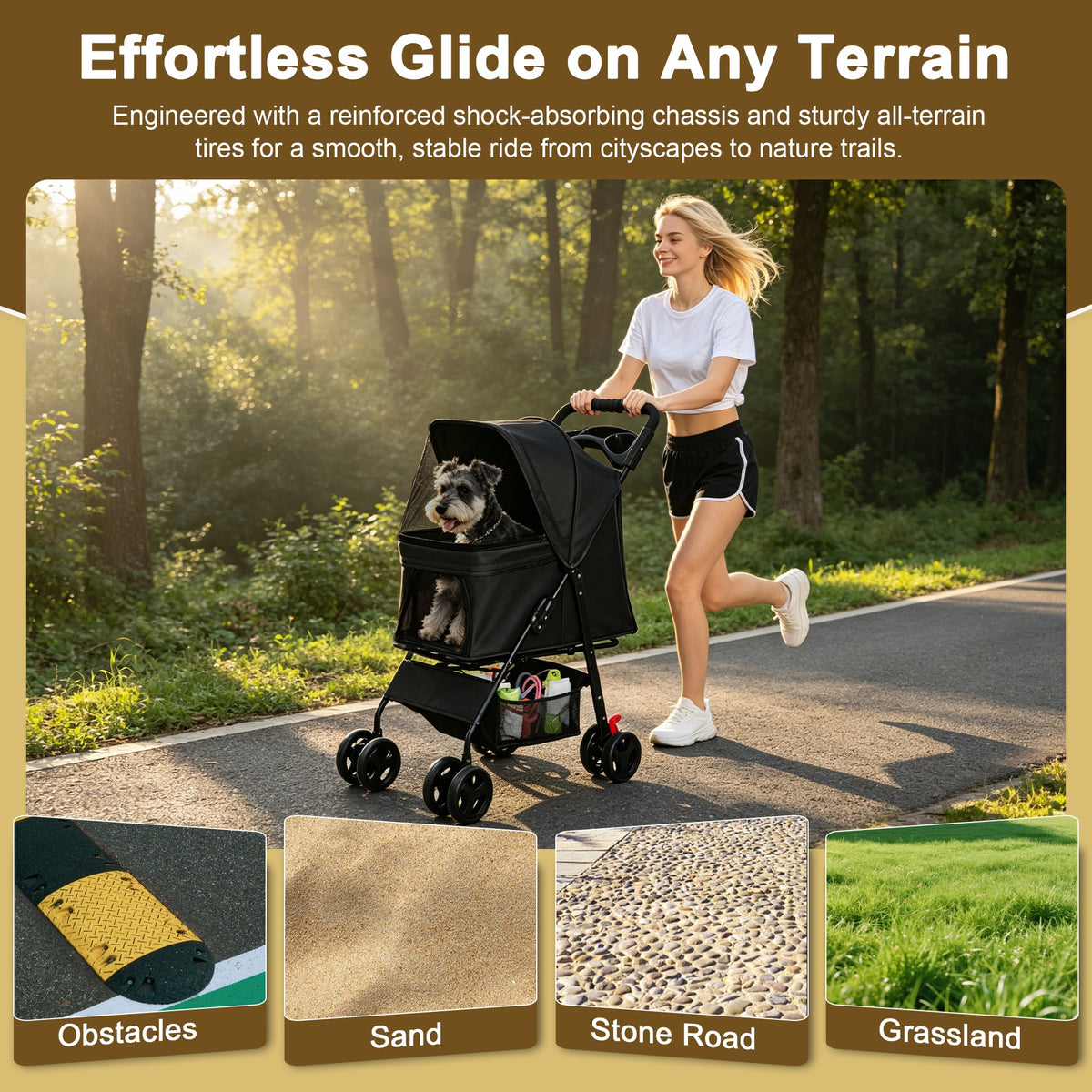 Foldable Pet Stroller with Mesh Panels and Storage Basket - Black, Pink, or Blue