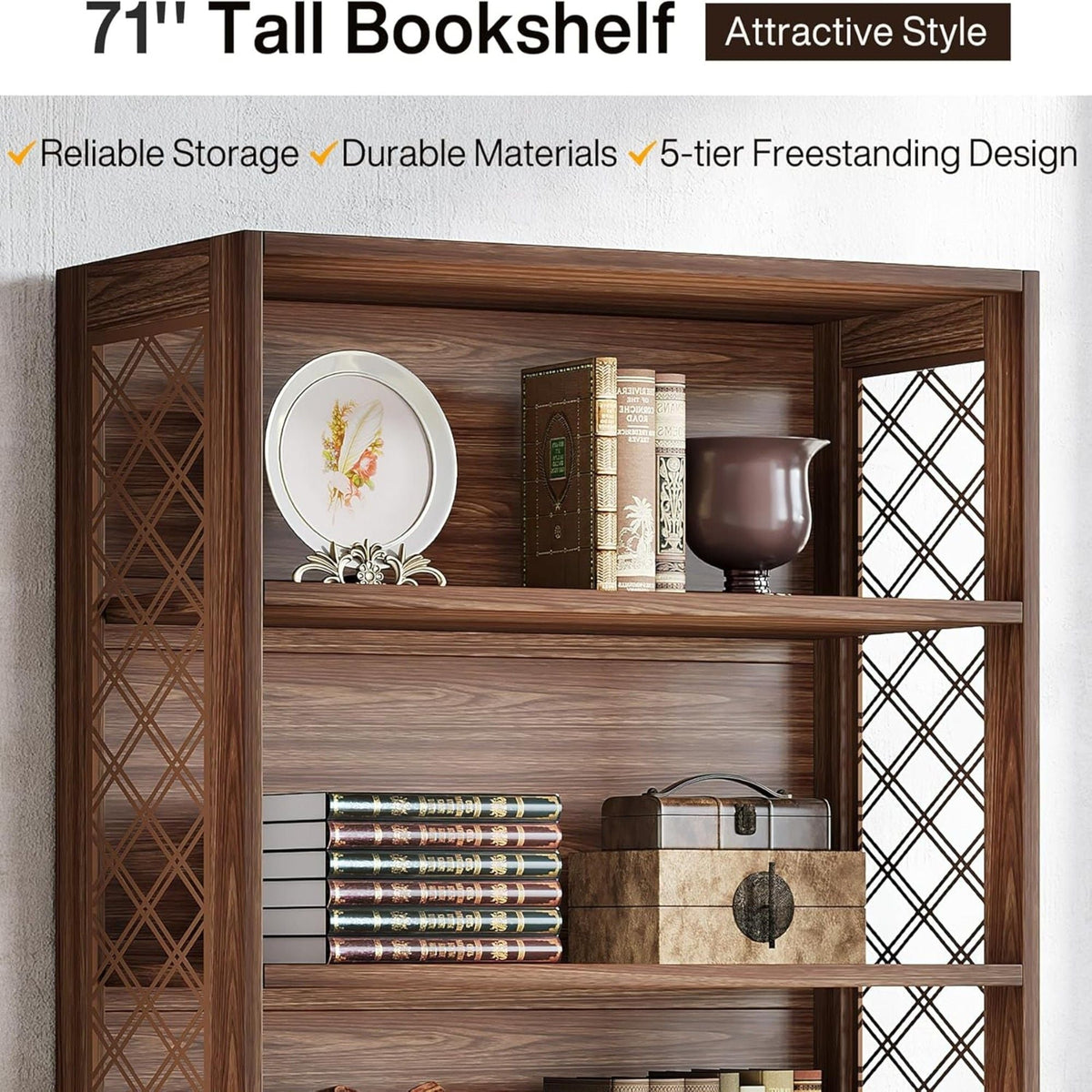 6 Tier Brown Mid Century Bookcase with X Design - Brown