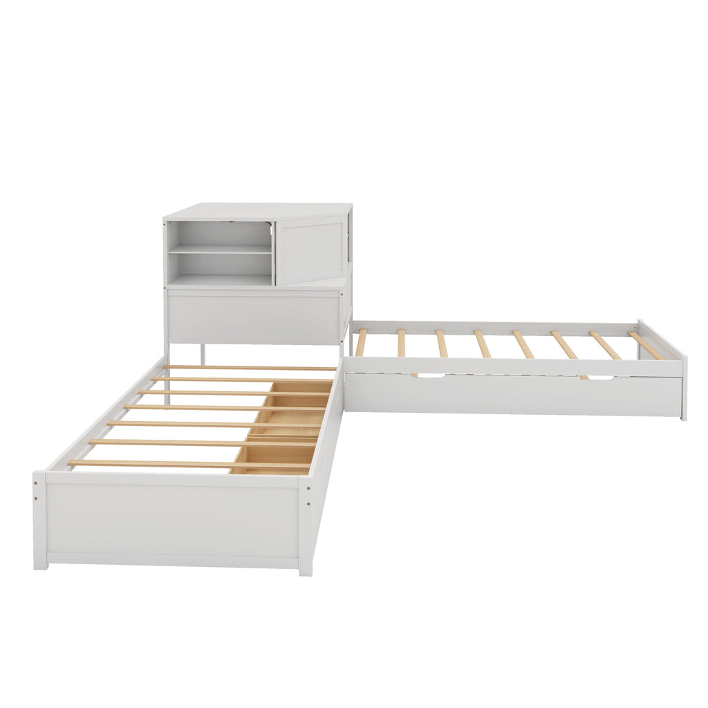 L-Shaped Bed Frame with Trundle, Desk & LED Lighting - Twin