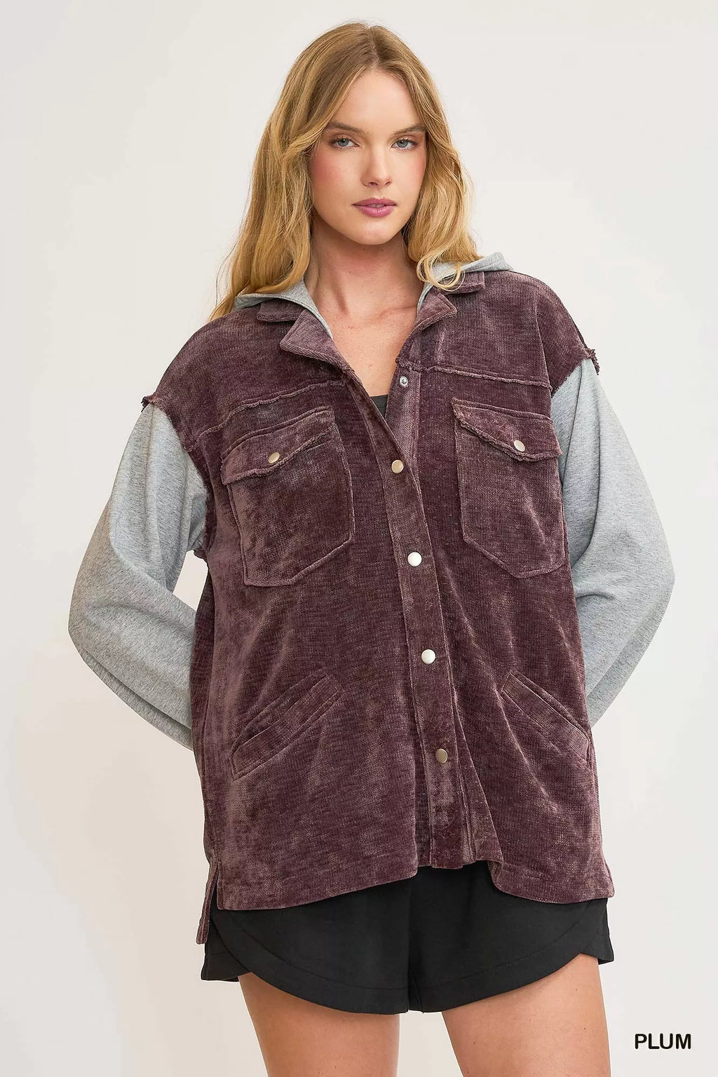 Umgee Contrast Hooded Chenille Jacket