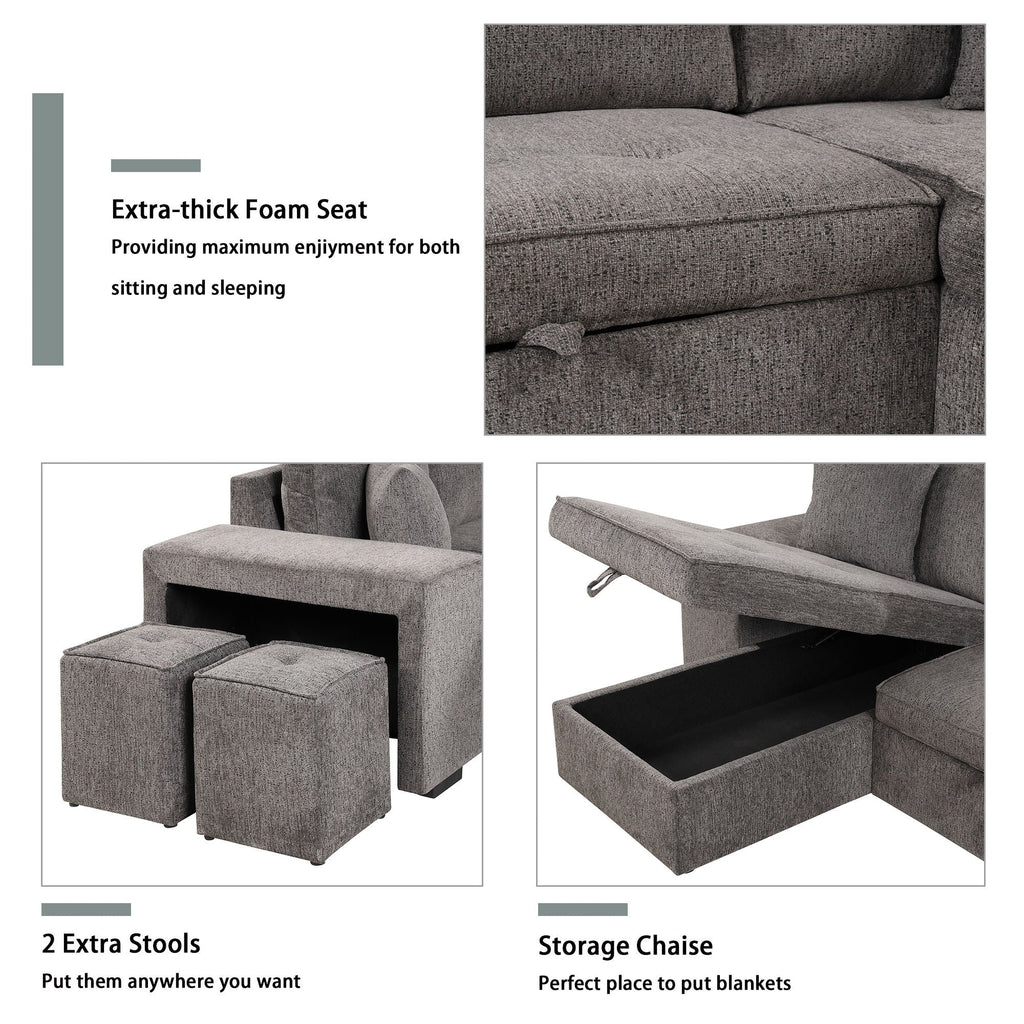 Reversible L-Shape Sleeper Sectional Sofa with Storage Chaise and 2 Stools - Multiple Colors