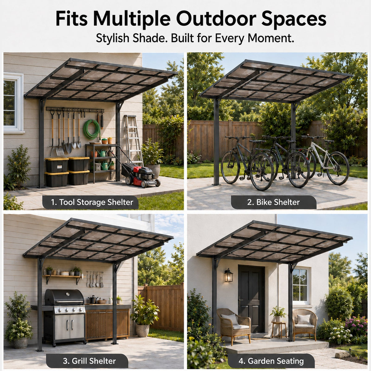 8x8FT Outdoor Carport with Galvanized Steel Frame and Sloped PC Roof - Black