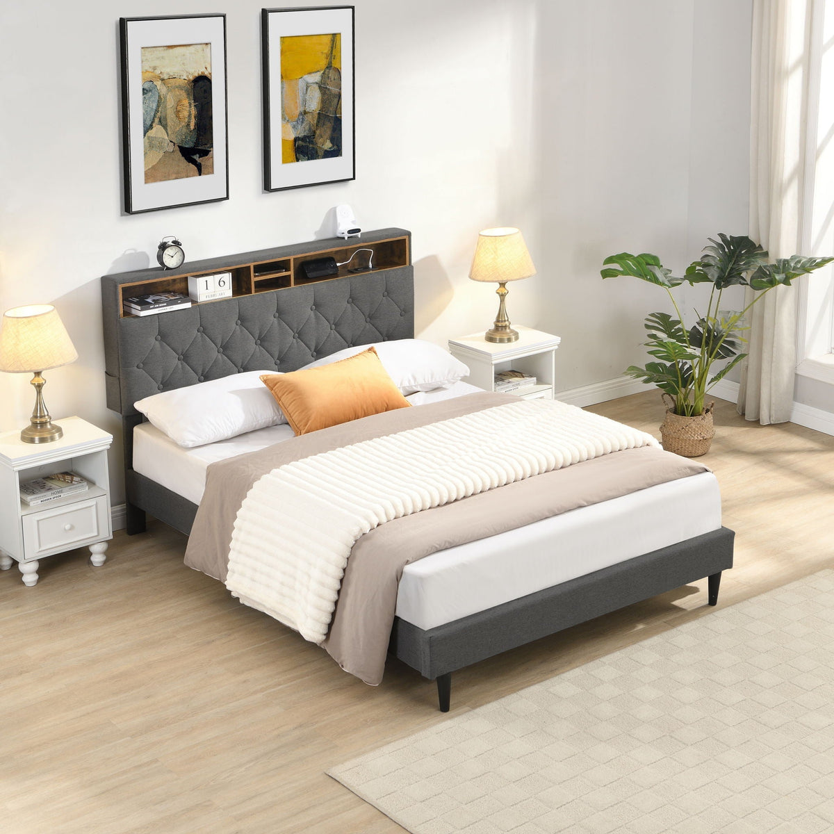 Modern Upholstered Platform Bed Frame with USB Ports - Gray or Dark Gray