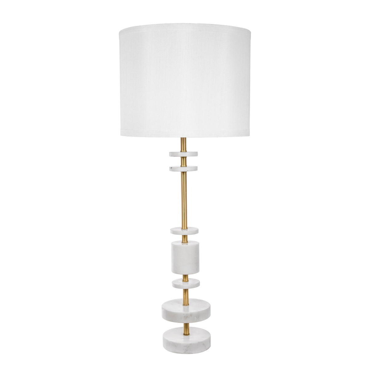 White Marble Table Lamp with Brass Frame and Drum Shade - White