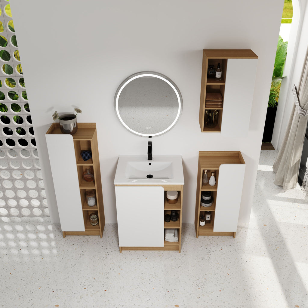 4 Piece Bathroom Vanity Set with Integrated Ceramic Sink and Storage - Black, Light Oak, White