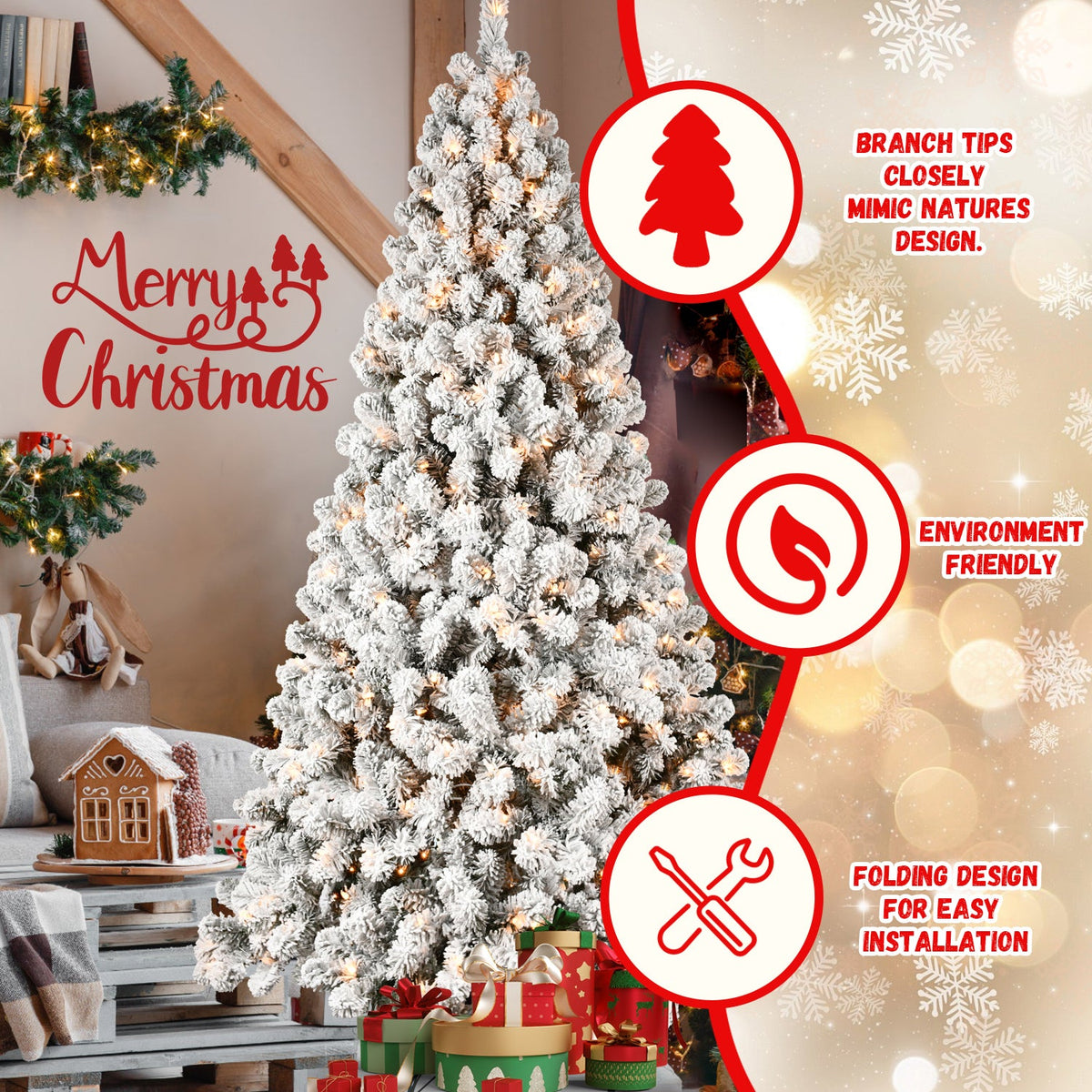6ft Flocked Pre-Lit Christmas Tree with 300 Warm White Lights - Snow Effect