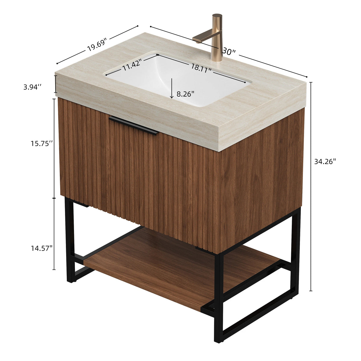 YOLAN 30" Bathroom Vanity with Sintered Stone Sink Top - Walnut