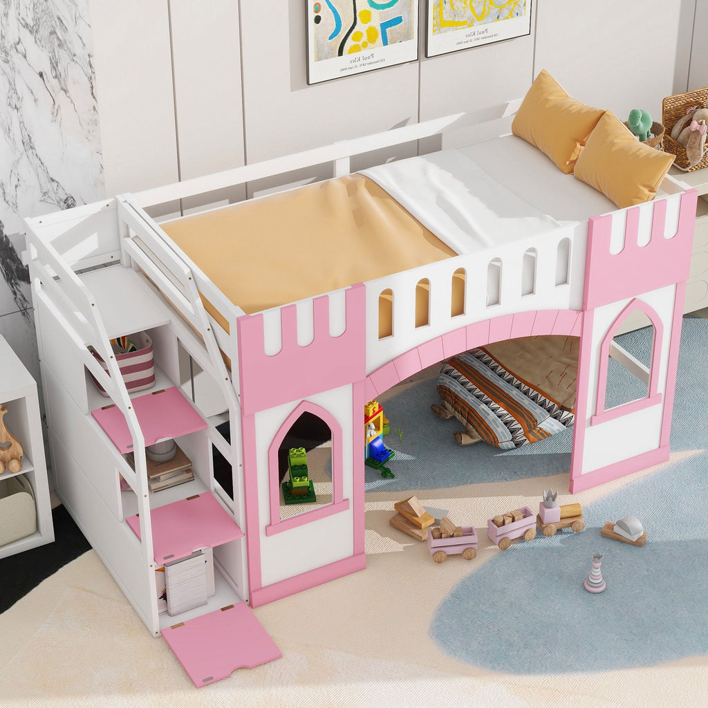 Loft Bed With Storage Staircase and Windows - Twin Size