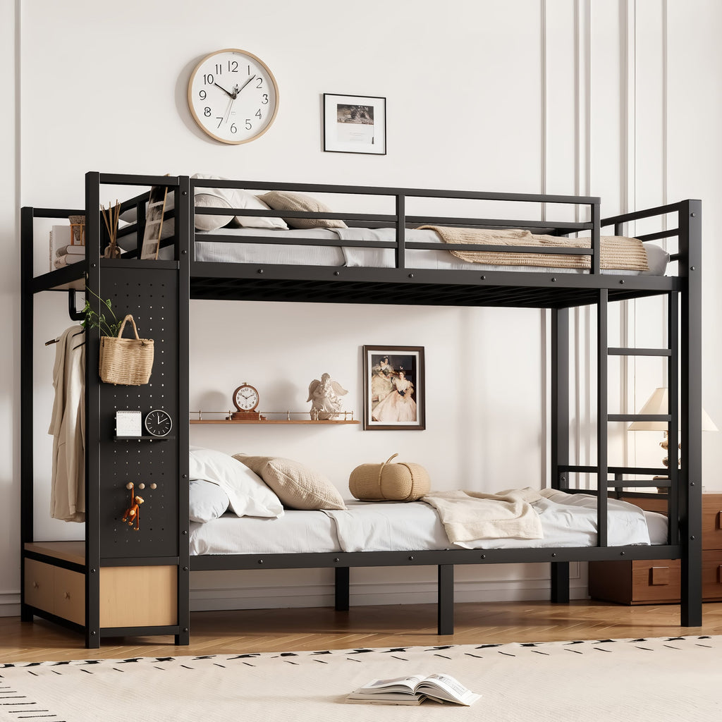 Twin XL Over Twin XL Metal Bunk Bed with Storage Shelves