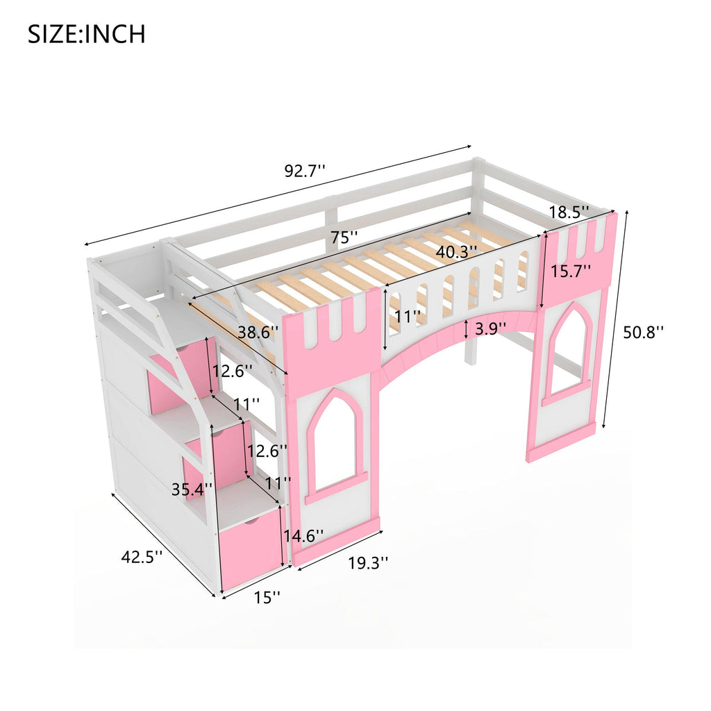 Loft Bed With Storage Staircase and Windows - Twin Size