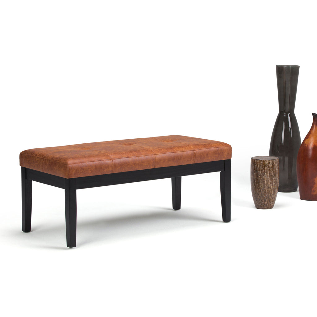 Upholstered Tufted Ottoman Bench with Solid Wood Base - Black, Brown, or Gray