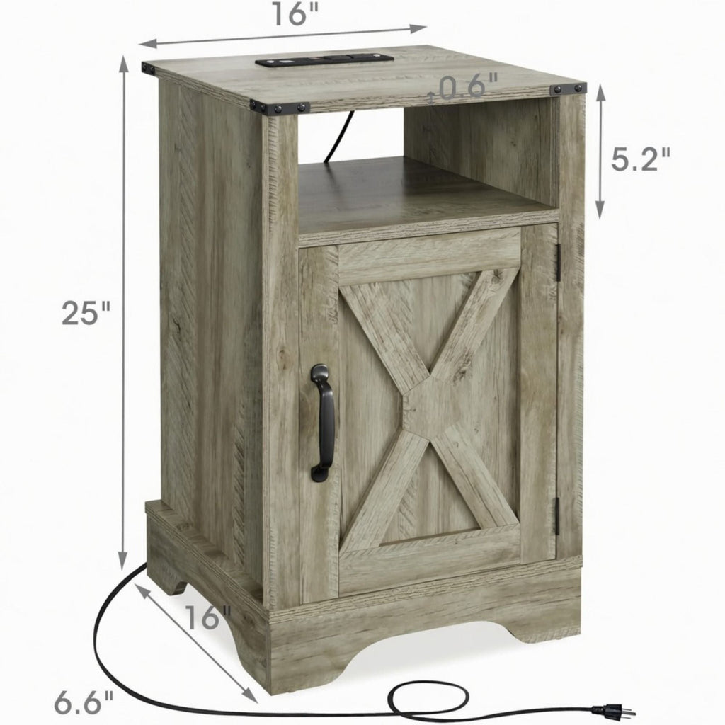 Farmhouse Nightstand with Charging Station & Storage - Multiple Colors