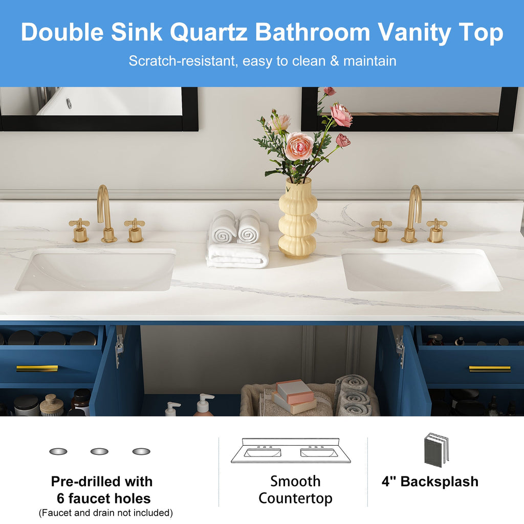 60" Solid Wood Bathroom Vanity with Double Sinks and Quartz Top - Blue