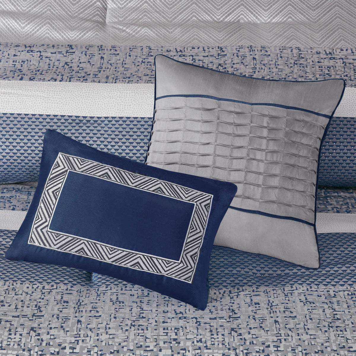 Jacquard Comforter Set 7 Piece with Decorative Pillows - Navy and Grey