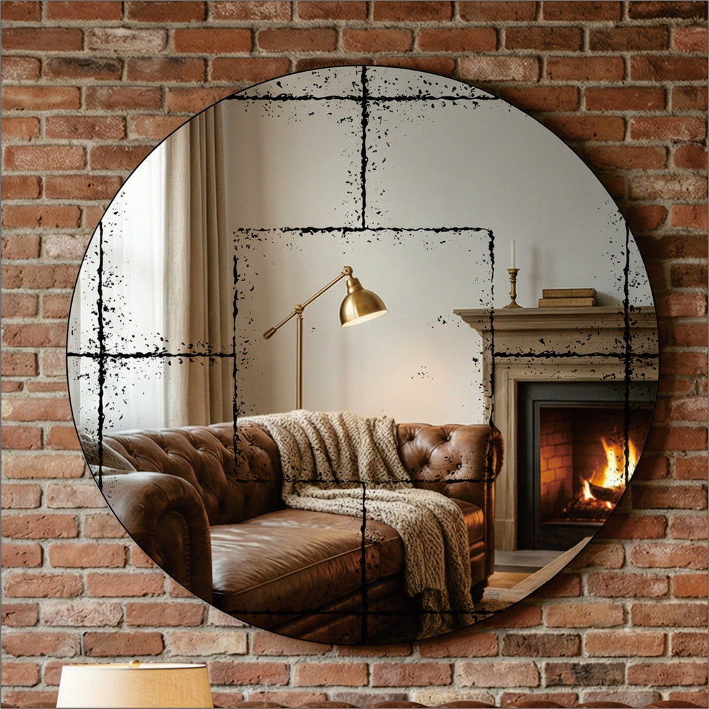 Round Wall-Mounted Mirror with Vintage Industrial Frame - Black Iron