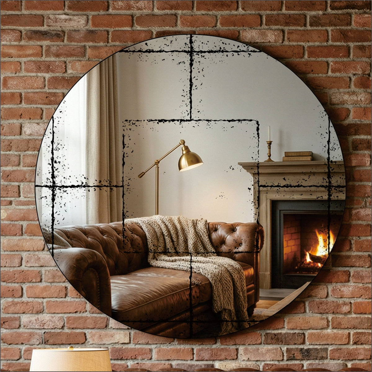 Round Wall-Mounted Mirror with Vintage Industrial Frame - Black Iron