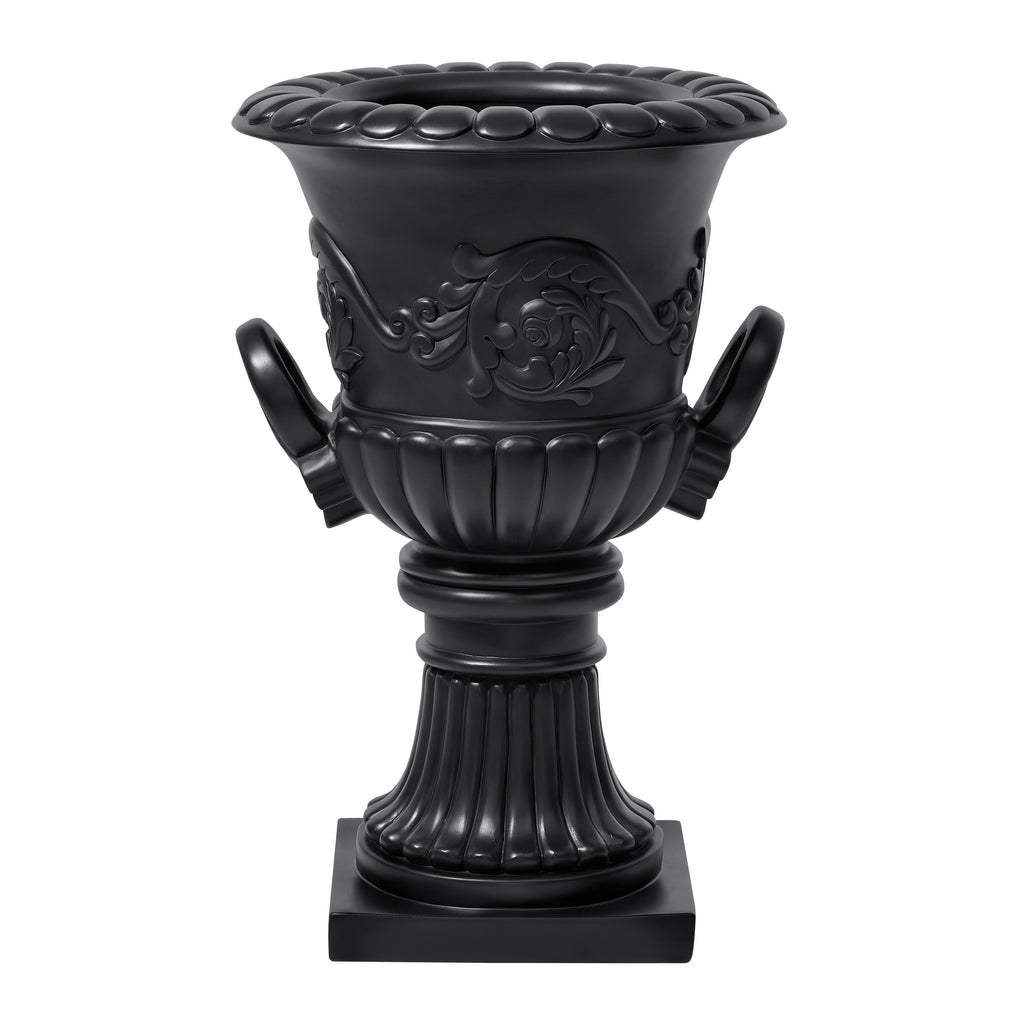 Classical Roman Pedestal Urn Decorative Outdoor Planter with Embossed Floral – Black