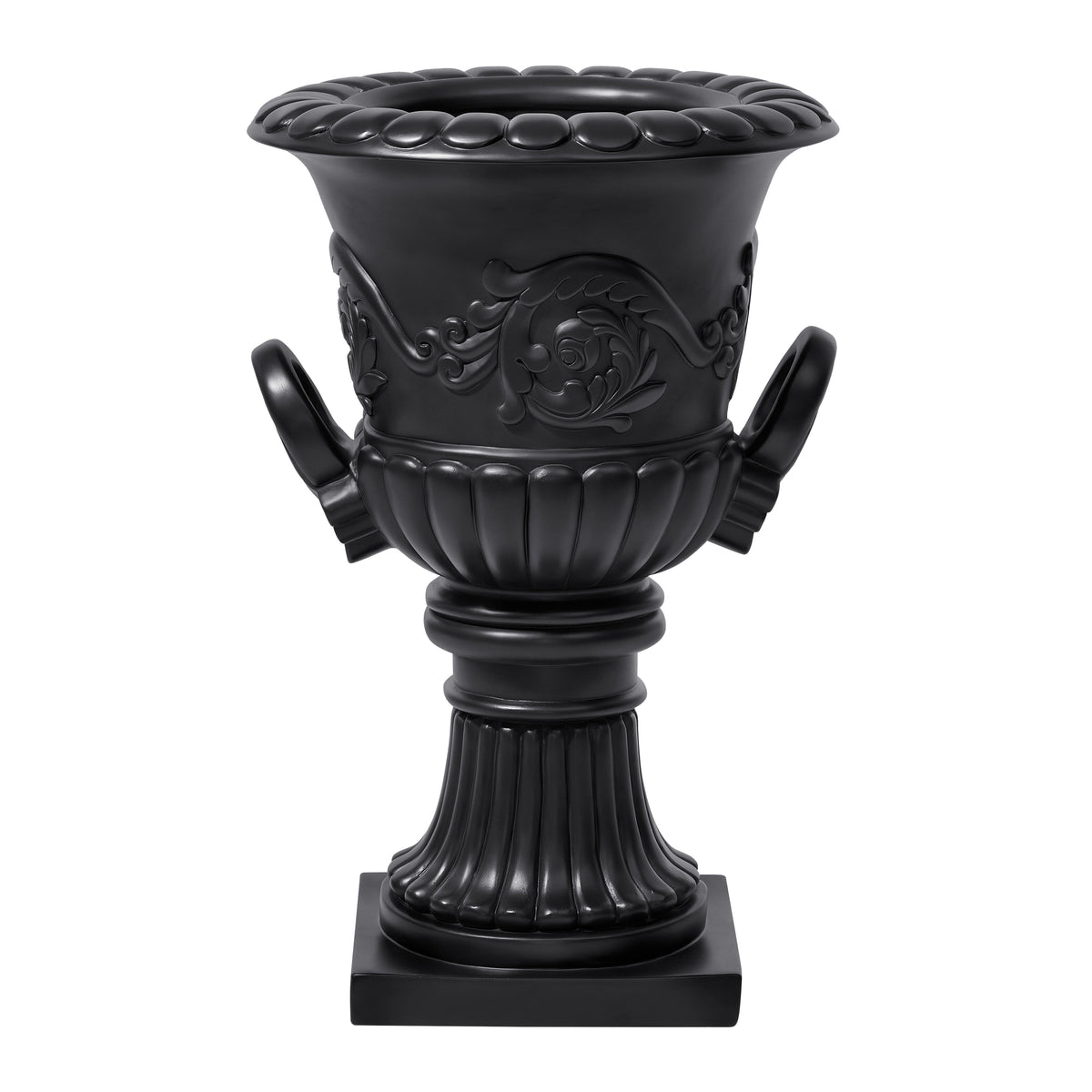 Classical Roman Pedestal Urn Decorative Outdoor Planter with Embossed Floral – Black