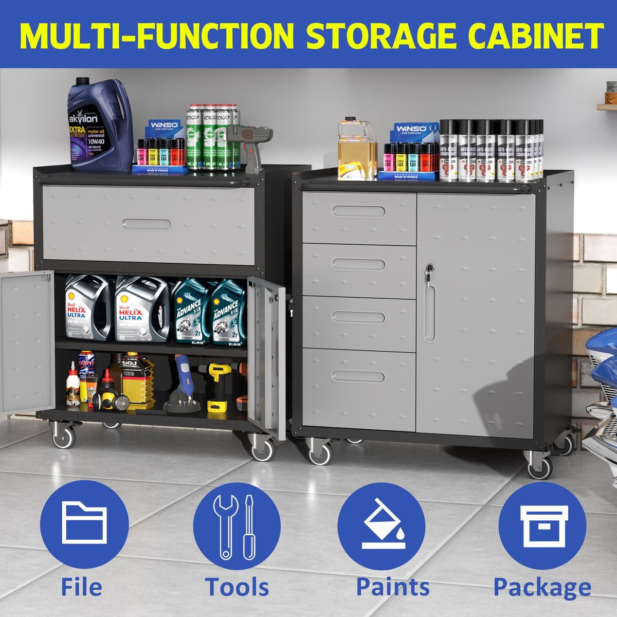 Sturdy Metal Tool Storage Cabinet with Lockable Wheels and Drawers - Gray or Black