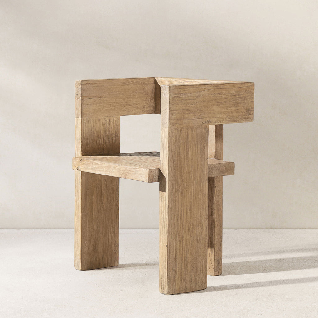 Sculptural Block Accent Chair with Reclaimed Elm Construction - Brown