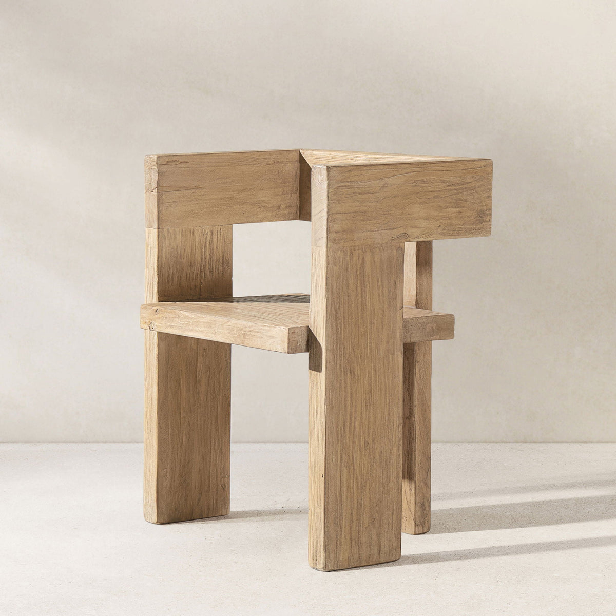 Sculptural Block Accent Chair with Reclaimed Elm Construction - Brown