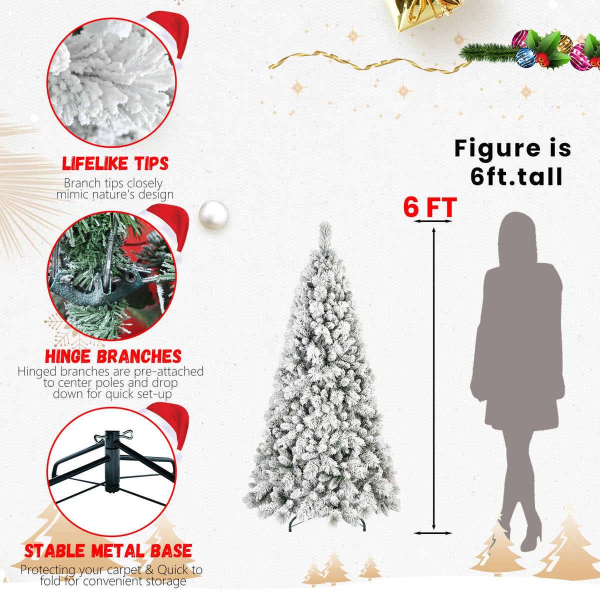 9FT Flocked Christmas Tree with 750 Warm LED Lights - Snowy PVC
