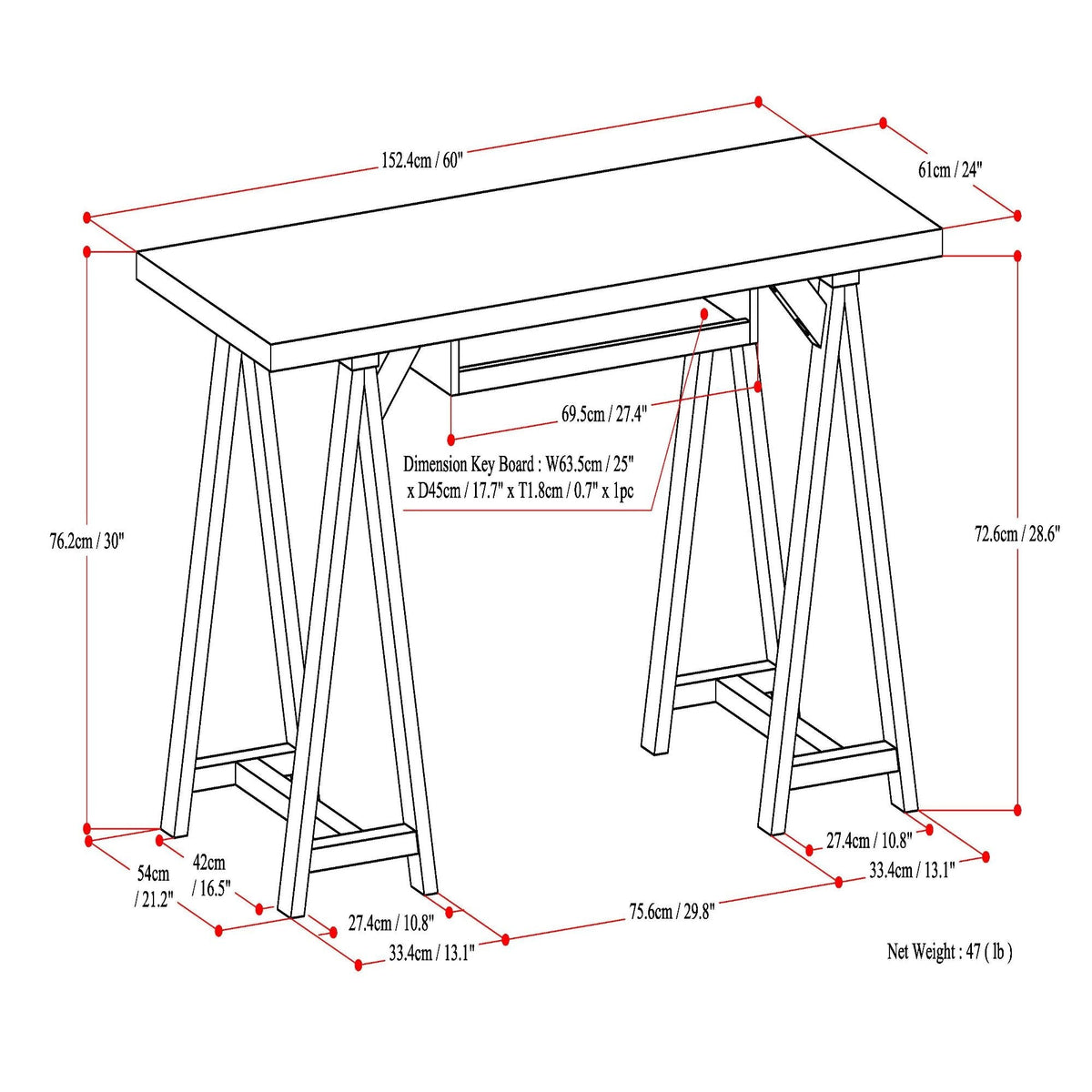 Handcrafted Sawhorse Writing Desk with Solid Wood Construction - Dark Brown or White