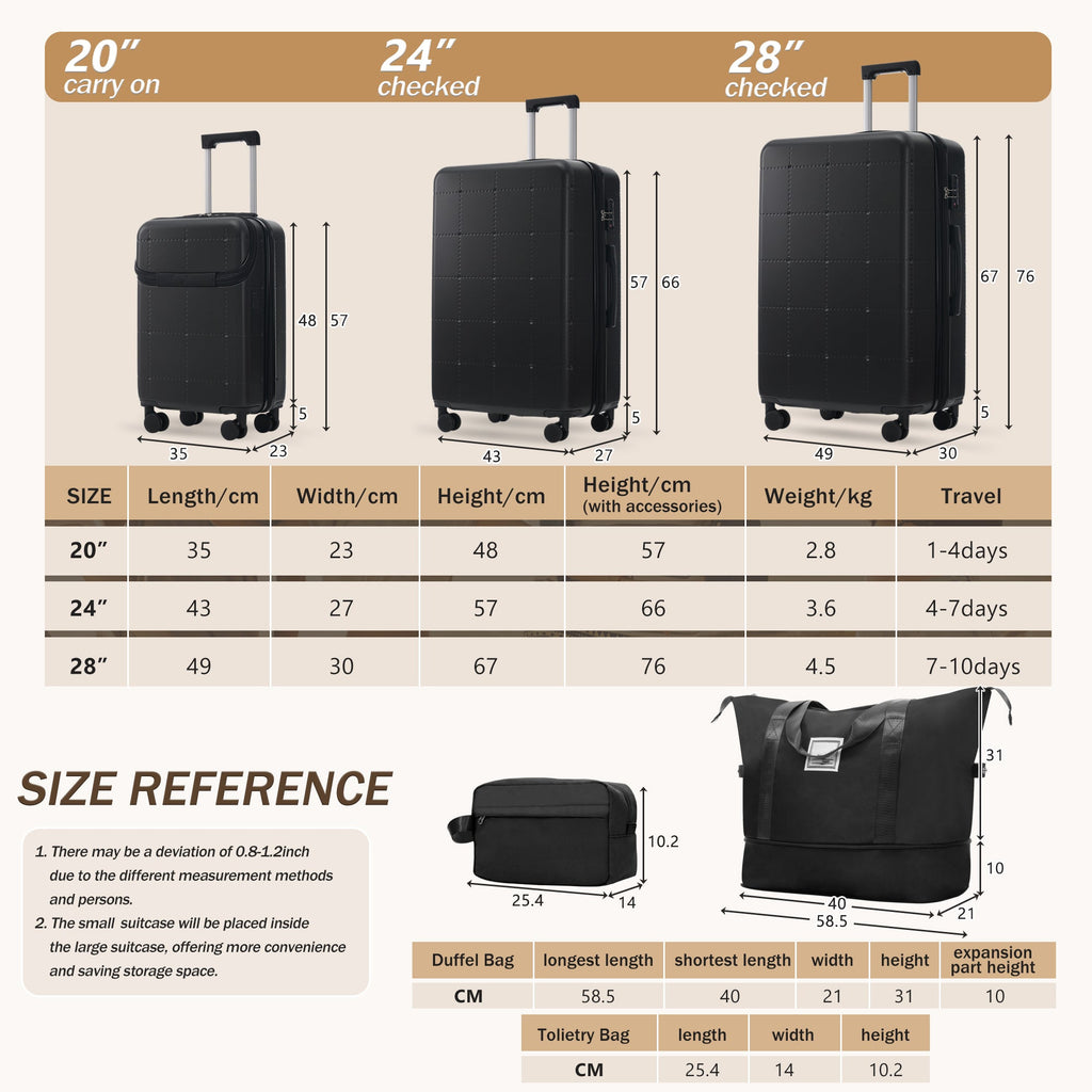 Hardside Luggage Set 5 Piece with USB Port & TSA Lock - Black