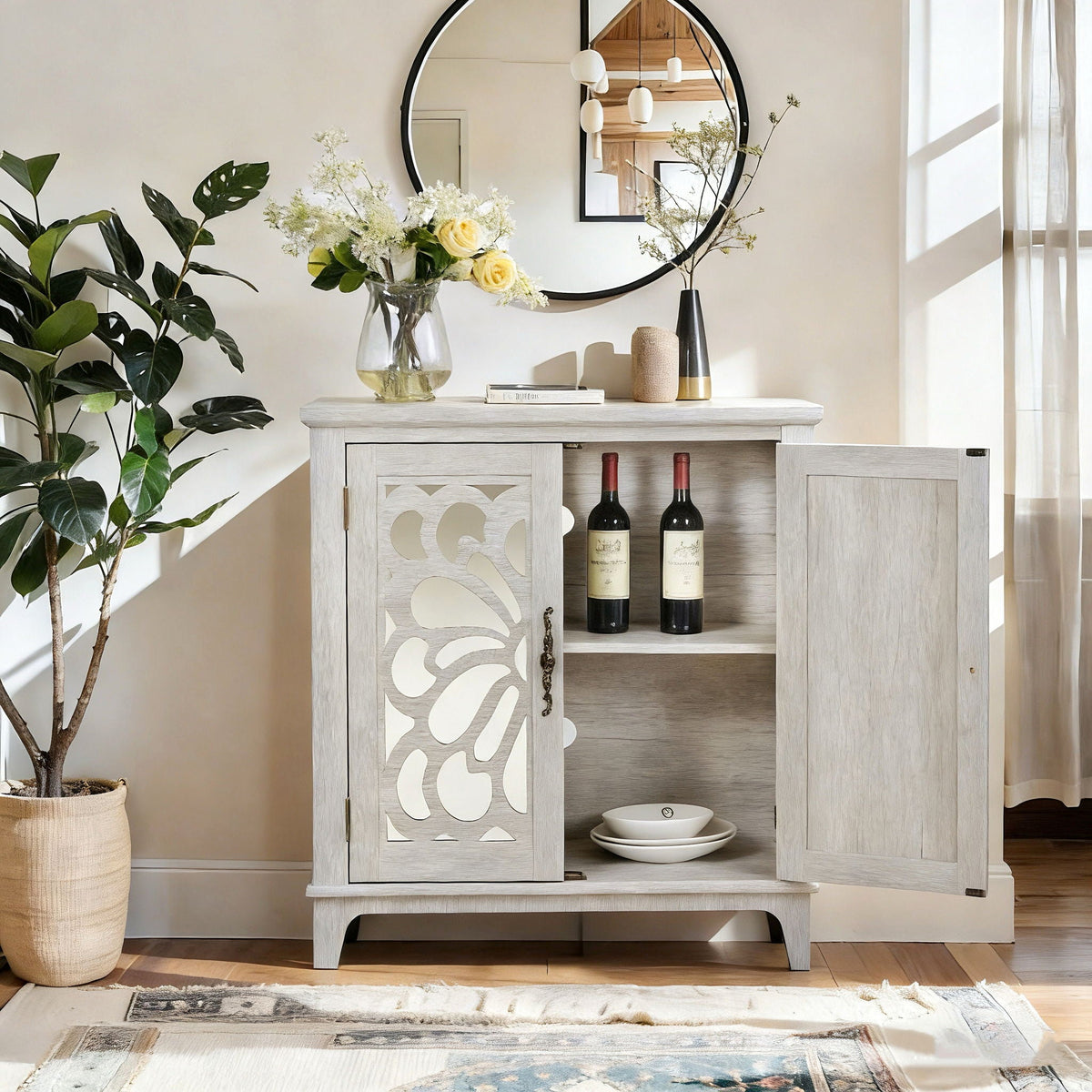 Elegant Sideboard With 2 Acrylic Mirrored Doors, Adjustable Shelf Storage