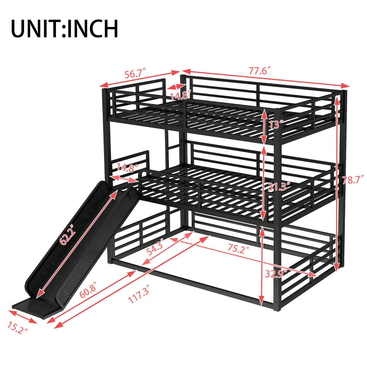 Full Over Full Over Full Bunk Bed with Slide and Guardrails - Metal