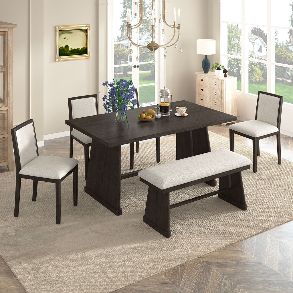 6 Piece Dining Room Set with Upholstered Chairs & Padded Bench - Light or Dark Brown