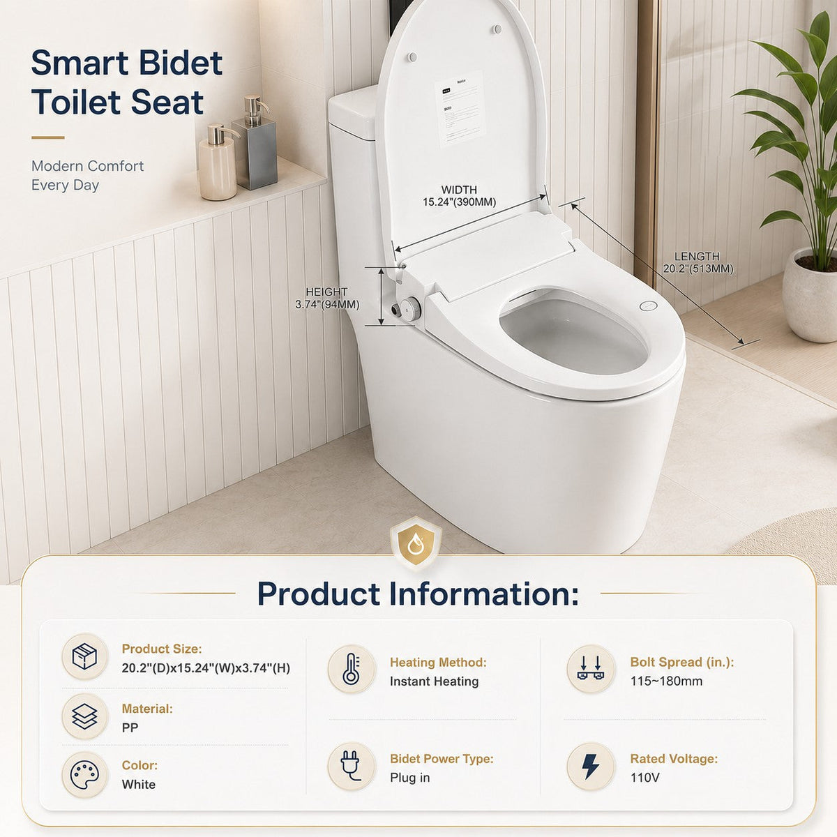 Smart Bidet Toilet Seat with Adjustable Heated Seat - White