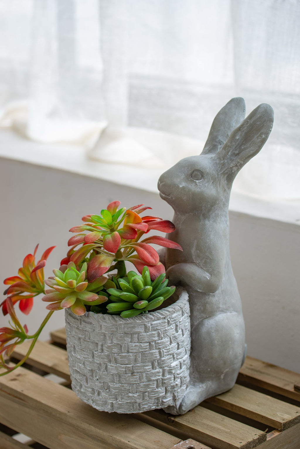 Decorative Cement Rabbit Planter with Basket Detail - Gray